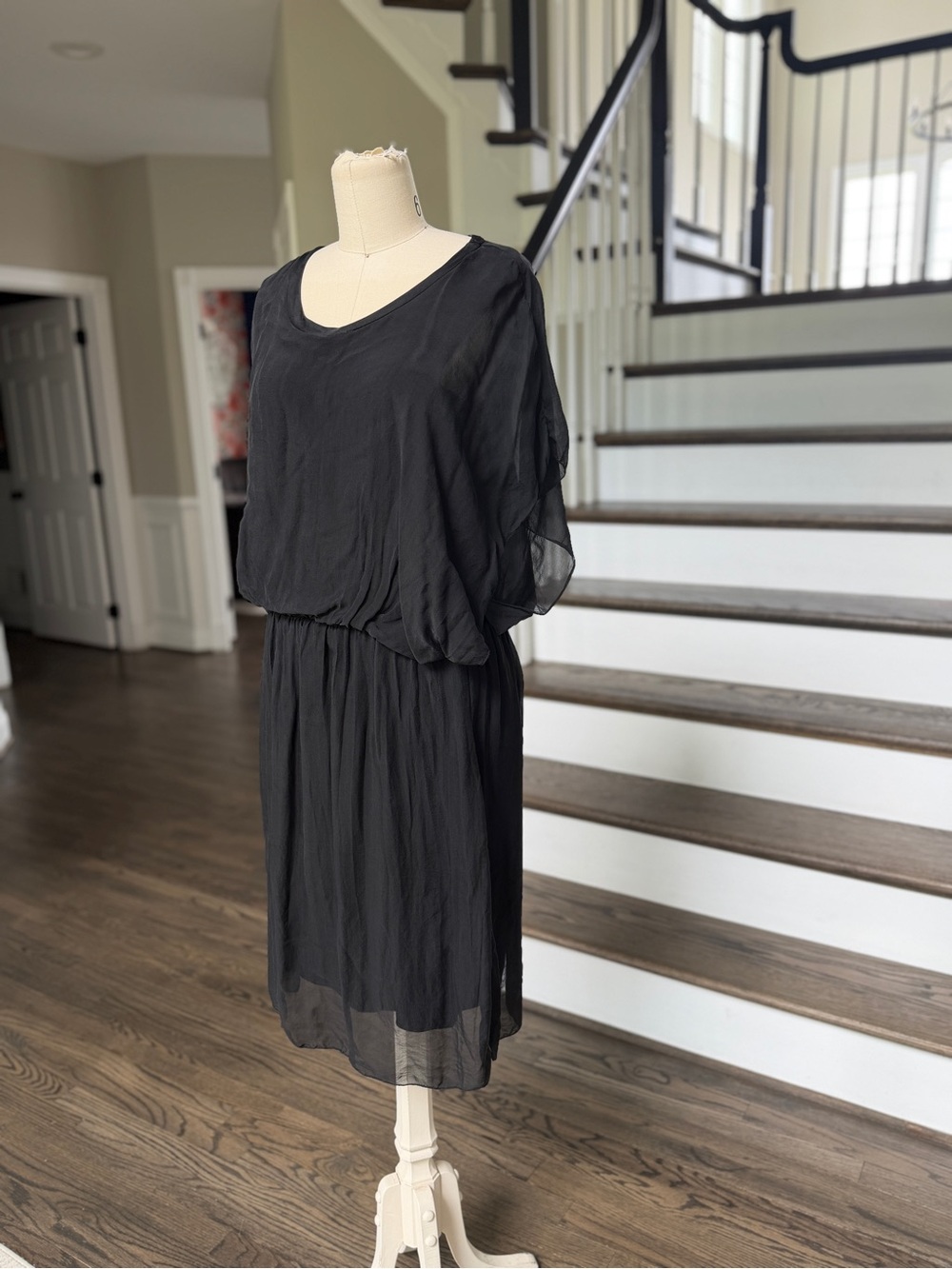 100% Black Silk Flowy Short-Sleeve Baci Dress Made in Italy Fairy Ethereal